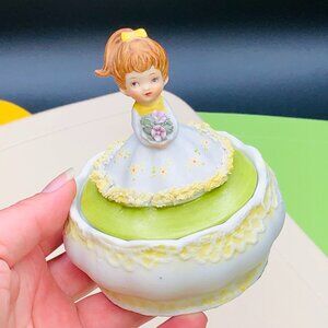 Vintage Giftcraft Ponytail Flower Girl Green Dress Trinket Jewelry Candy Box